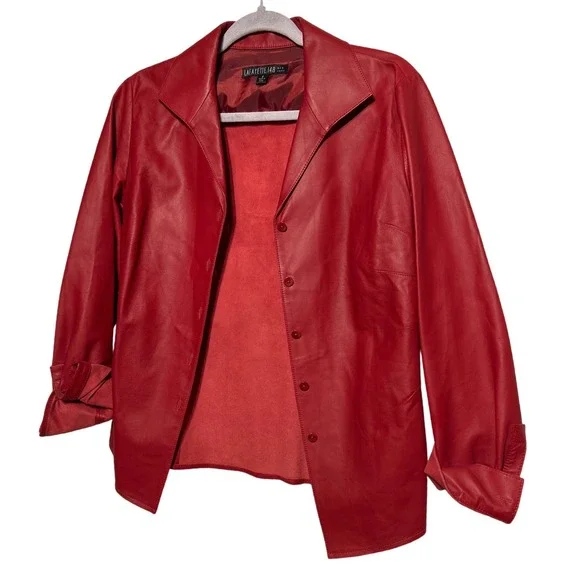 Lafayette 148 New York Lambskin Leather Button‎ Up Shacket Red Women's Size 8 - Picture 3 of 11